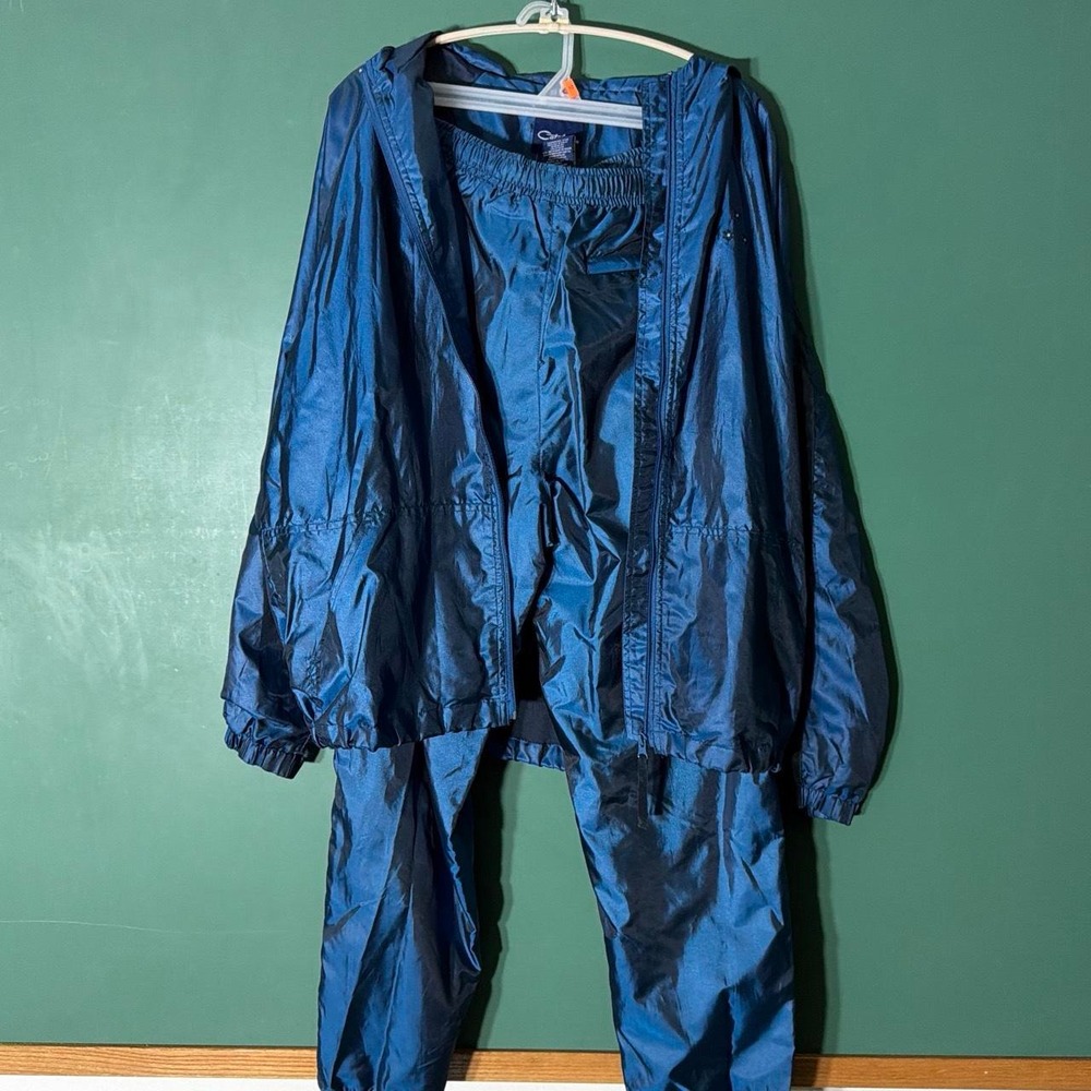 Vintage Catalina Blue Nylon Rain Suit Jacket Pants Set Women Medium Small